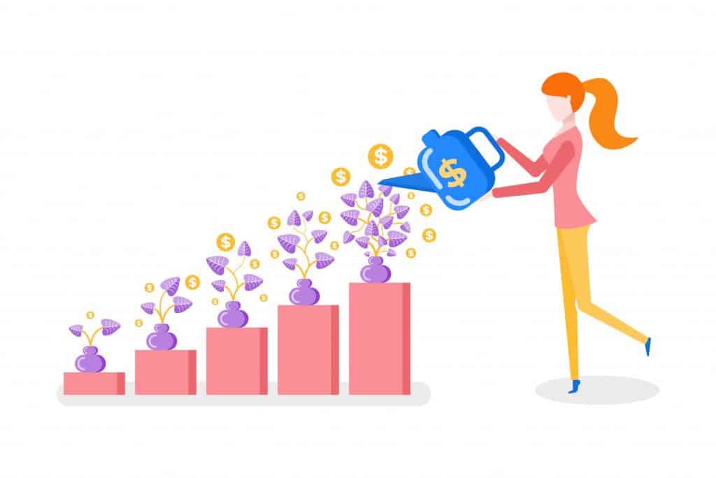 Vector of woman watering growing piles of money to signify home hacks to save money.