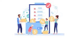 image of budget on a smartphone with a family around.